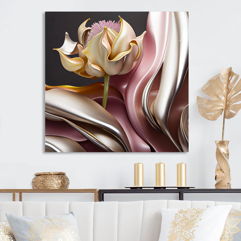 Décoration murale rétro en métal à fleurs abstraites roses et dorées IV, H 23 po x l 23 po x P 1 po
