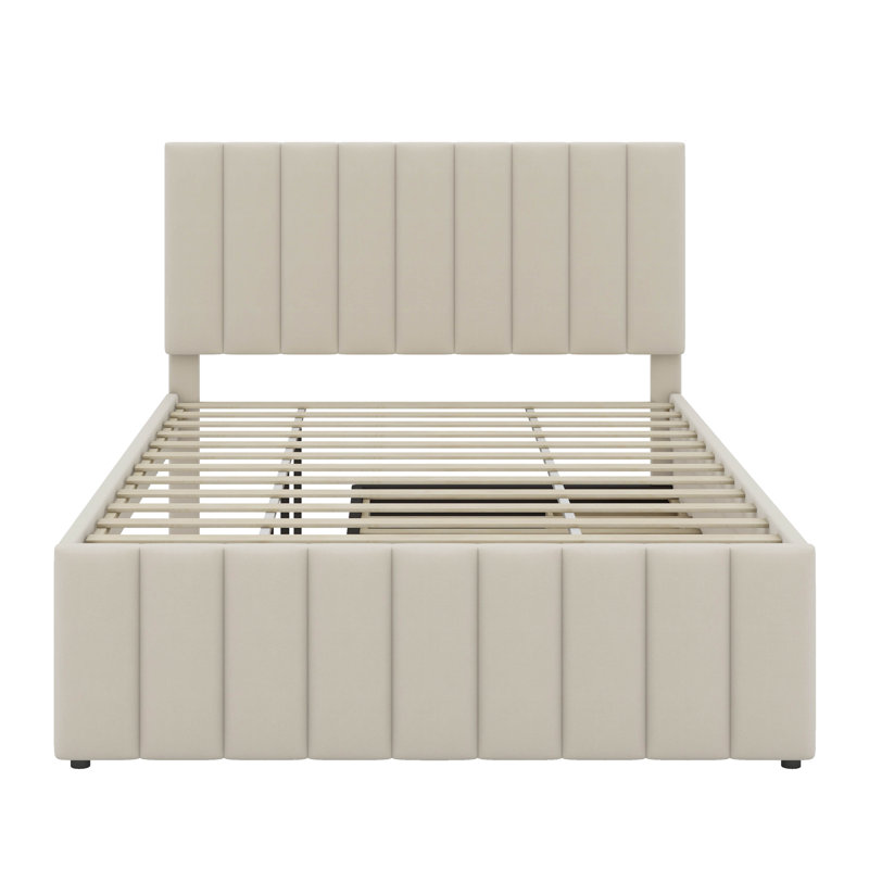 Lit plateforme double en bois avec lit gigogne et 3 tiroirs, Beige