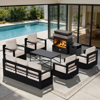 7-Piece Modern Aluminum Outdoor Patio Furniture Set with 50000-BTU Outdoor Propane Fireplace,Beige Cushions and Coffee Table