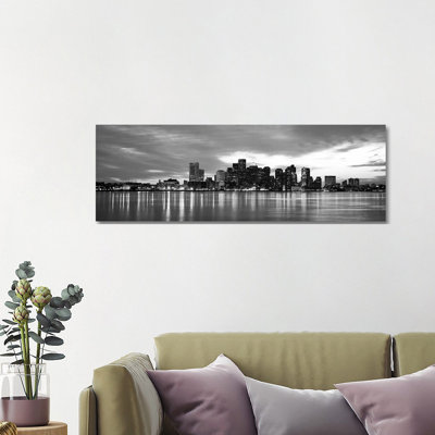 Boston Panoramic Skyline Cityscape (Black & White - Sunset) 1 Piece Wrapped Canvas Panoramic Wall Art