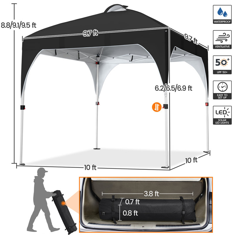 10 ft x 10 ft Black Steel Pop-Up Canopy Tent with LED Lights