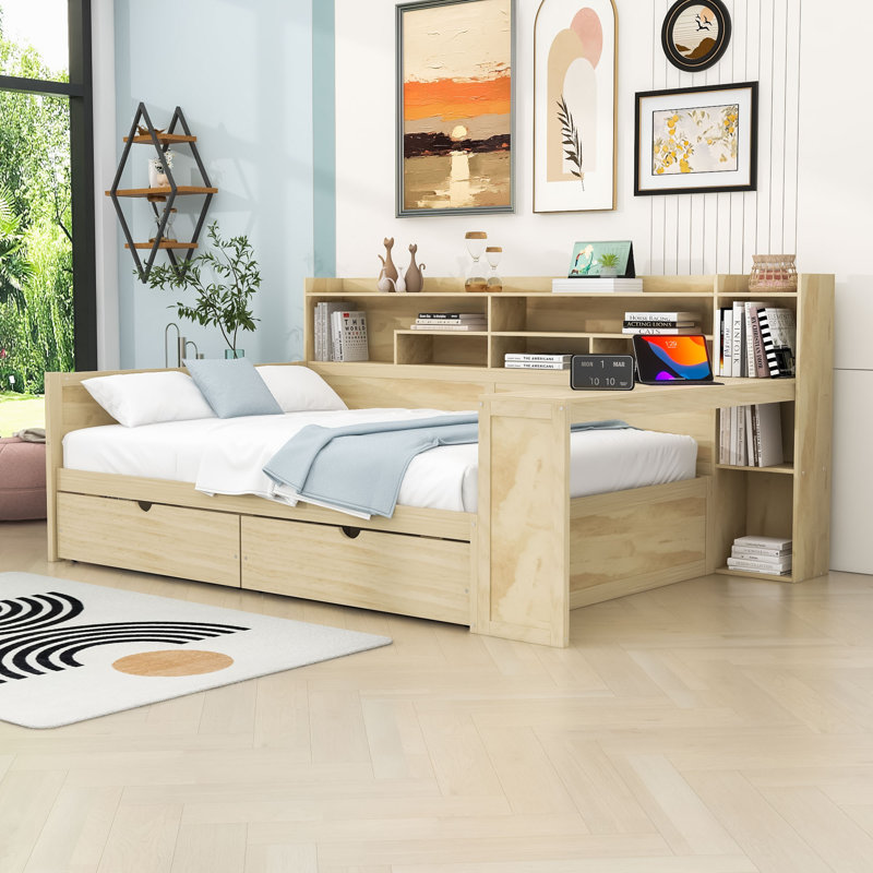 Dalainey Wood Daybed with Drawers, Desk and Shelves, Natural, Full
