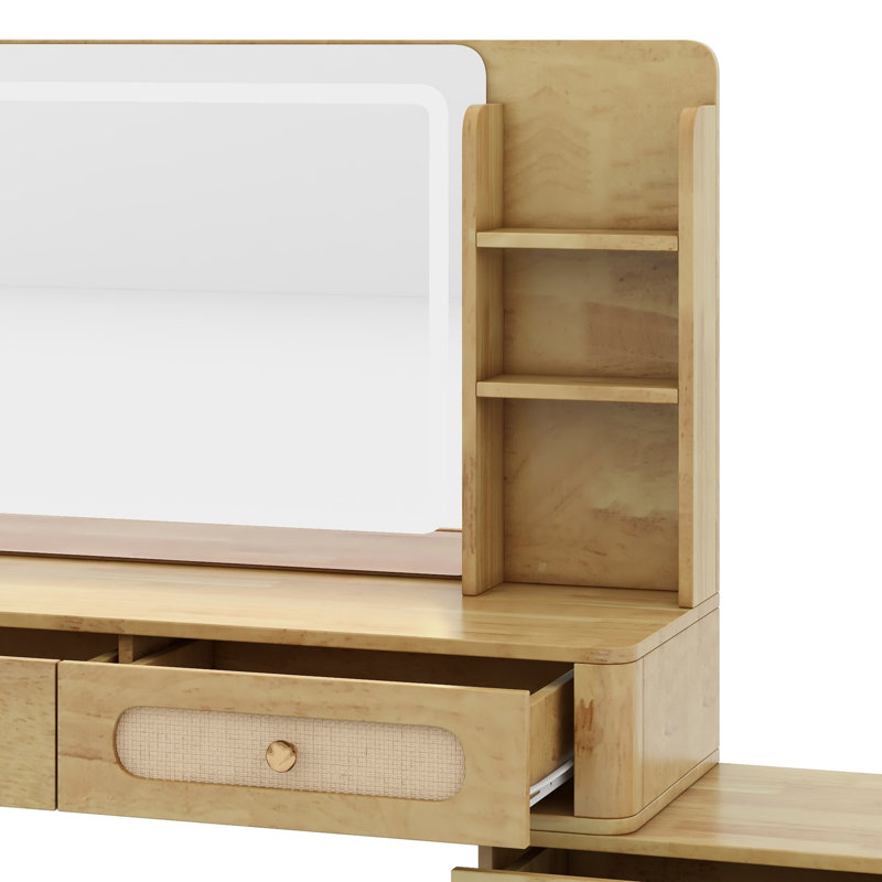 Vintage Makeup Desk with Mirror and Lights , 5 Drawers, Shelf and Rattan Drawer Details, Natural