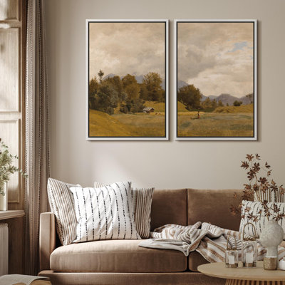 Rural Landscape " Peaceful Pastoral Landscape Prints Rolling Hills & Farm Nature Wilderness Illustration Decor " 2 - Pieces