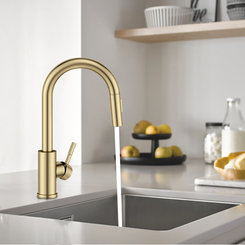 Pull Down Spray Single Lever Kitchen Tap, Brushed Gold