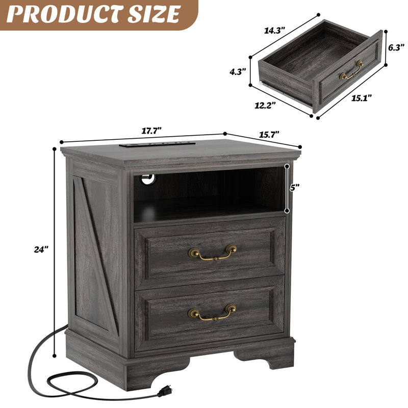 17 Inches Farmhouse Modern Nightstand With 2 Drawers And Built-In Outlets, Gray