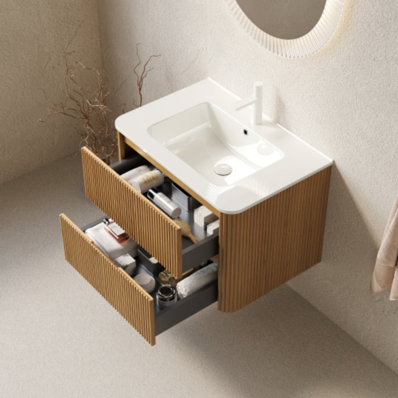 Meuble-lavabo de salle de bain avec lavabo, armoire de rangement murale en contreplaqué flottant avec 2 tiroirs, lavabo en céramique, sans robinet, pré-assemblé