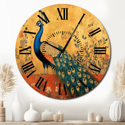 Royal Peacock of the Mughal Court - Gold Boho Silent Metal Wall Clock