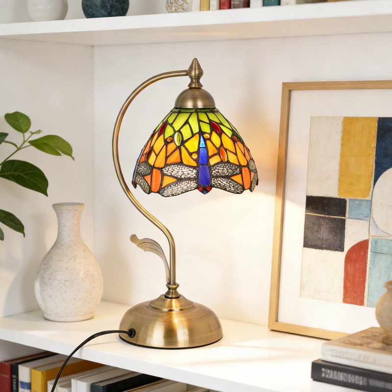 Stained Glass Dragonfly Table Lamp - Vintage Gooseneck Desk Lamp With Brass Base