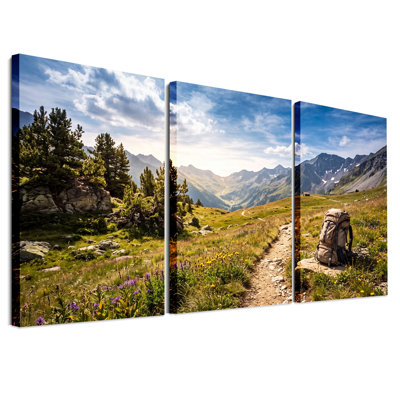 Green Mountain Trail With Brown Hiking Backpack on Set Of 3 Canvas Wall Art