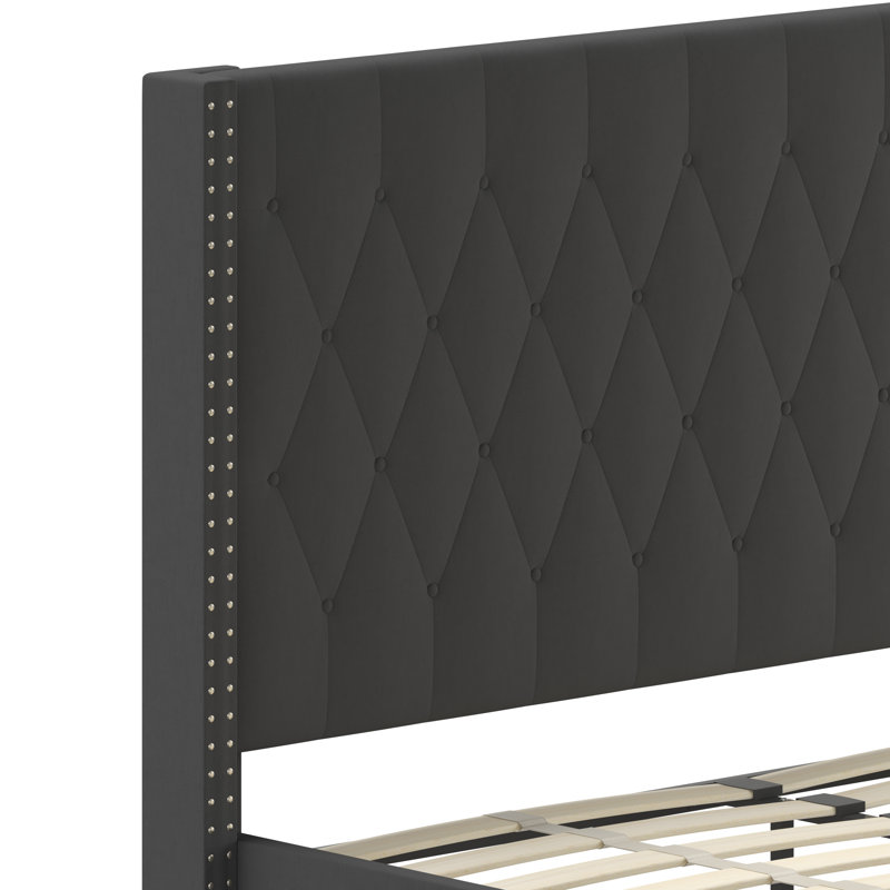 Aluino Tufted Upholstered Platform Bed w/ Accent Nail Trimmed Extended Sides, Black, Queen