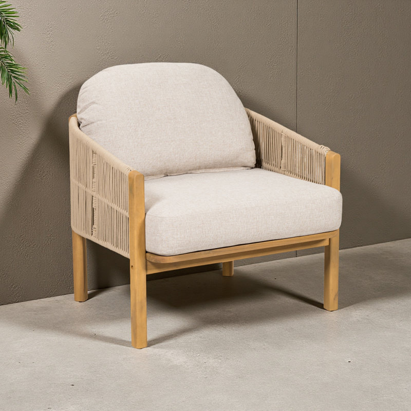 Fauteuil club d'extérieur en bois, Coussin beige/cadre naturel