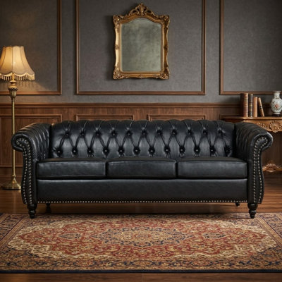 Canapé Chesterfield en similicuir avec accoudoirs roulés et capitonnage à boutons