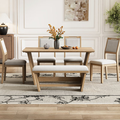 Mobilier de salle à manger rétro, bois naturel délavé, 1 table rectangulaire au design ergonomique, 4 chaises et banc aux matériaux chaleureux