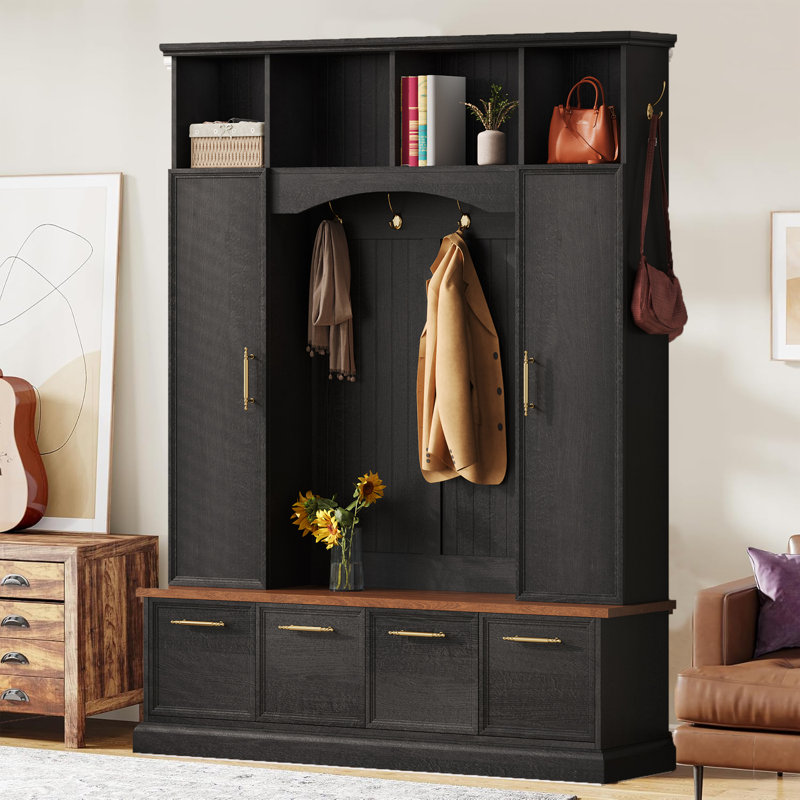 Arbre d'entrée 59 po de style campagnard avec garde-robe et armoire à chaussures pour le salon, Noir