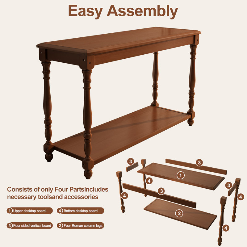 50 Inch French Vintage Narrow Console Table, 2-Tier Traditional Solid Wood Entryway Table With Roman Legs, Rectangular Accent Couch Table Behind Sofa, Dark Brown