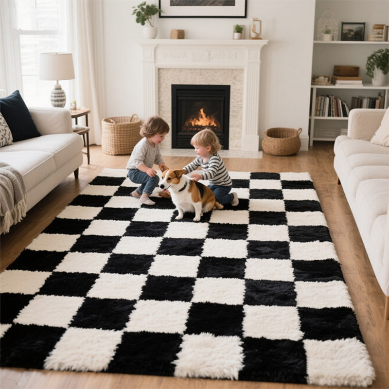 Modern Black and White Checkered Shag Rug, Soft Plush Carpet for Living Room, Bedroom and Dorm, Rectangle 5' x 8'