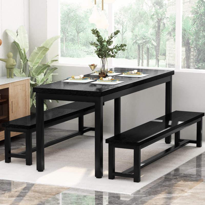 Ensemble de table de salle à manger pour 4 personnes, ensemble de table de cuisine avec 2 bancs de salle à manger, ensemble de table de salle à manger rectangulaire 3 pièces pour 4 personnes, mobilier de cuisine peu encombrant pour coin-repas, apparte