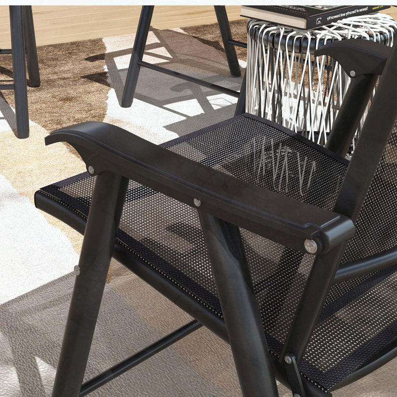 Set of 4 Stackable Patio Folding Sling Chairs with Armrests, No Assembly, Black