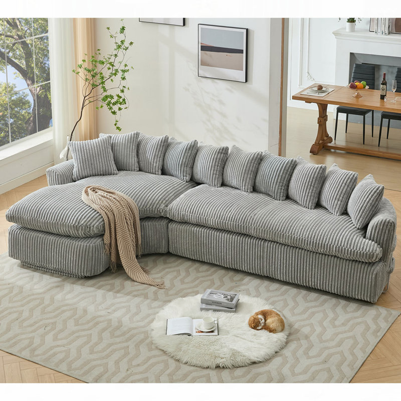 Grand canapé modulaire 127 po, Velours côtelé gris, 21 po H x 29 po P