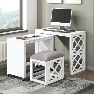 Desks And Stool Set 3Pc Rolling Desk With Casters, 2 Charging Ports Home Office Furniture