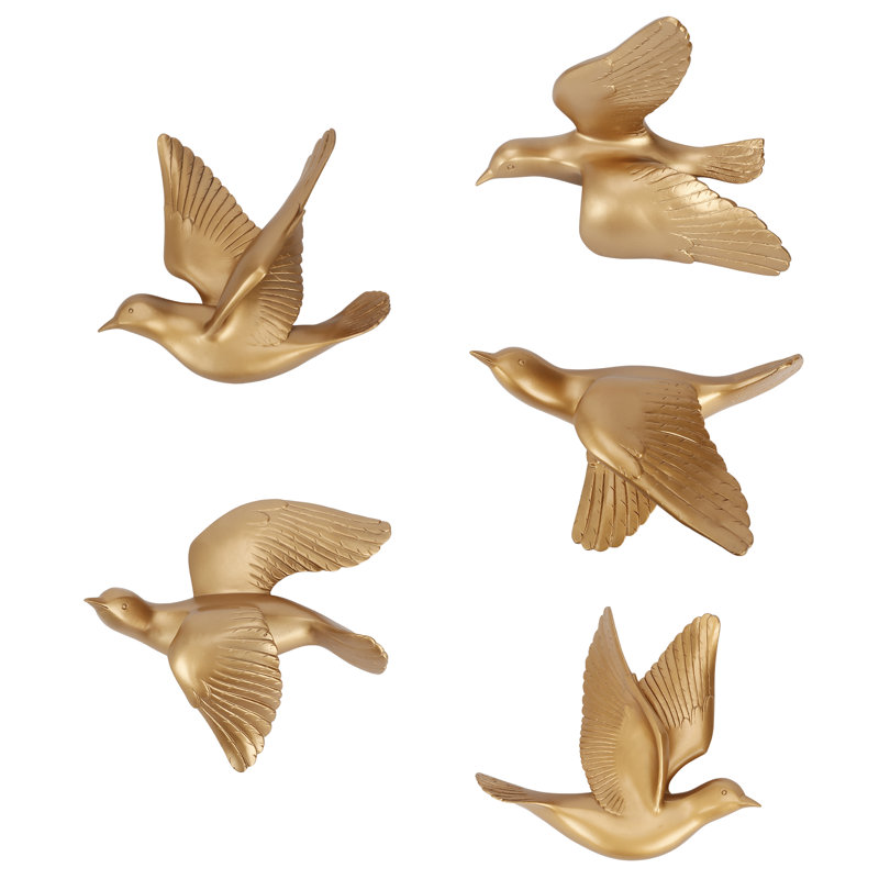 Five-Piece Resin 3D Floating Bird Wall Decor Set, Flying Birds Wall Art, Gold