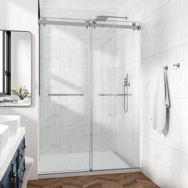 Porte de douche coulissante double sans cadre, porte de douche double, 3/8 po (10 mm) en verre trempé Sgcc, acier inoxydable