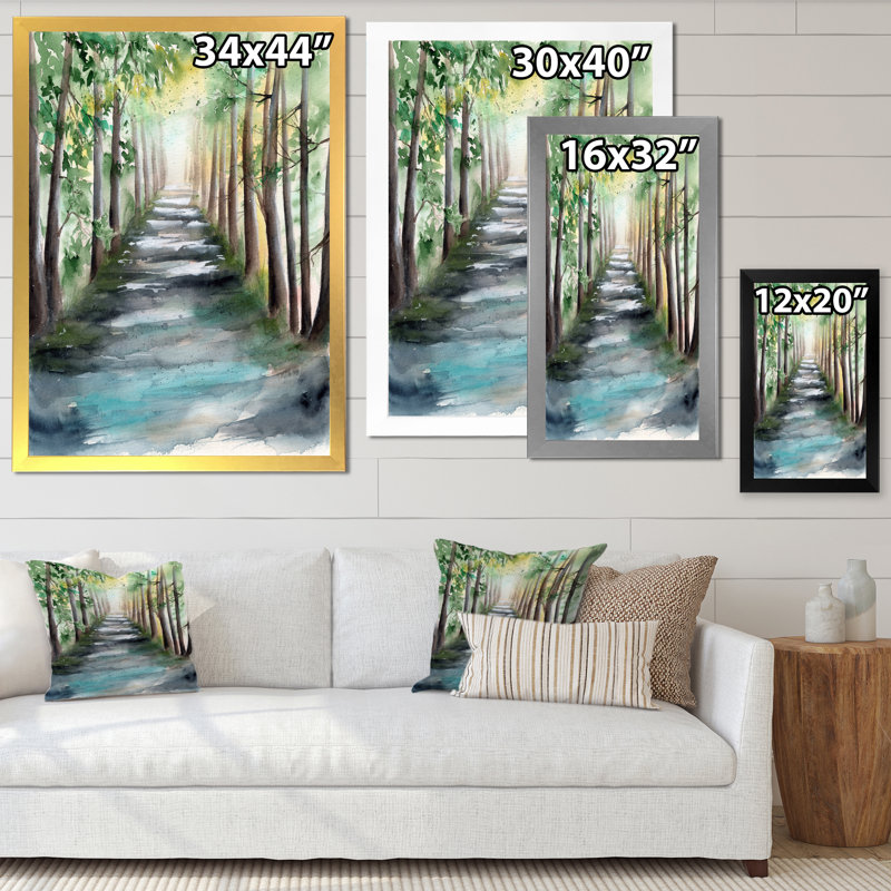 «A Sunlit Forest Alley with Tree Shadows I», art mural sur toile, H 20 po x l 12 po x P 1 po, Cadre photo argenté