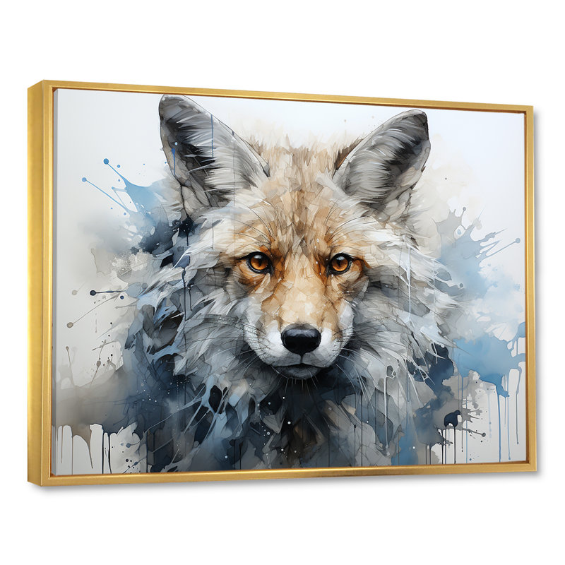 Portrait de renard bleu et blanc, Cadre flottant doré, H 34 po x l 44 po x P 1,5 po