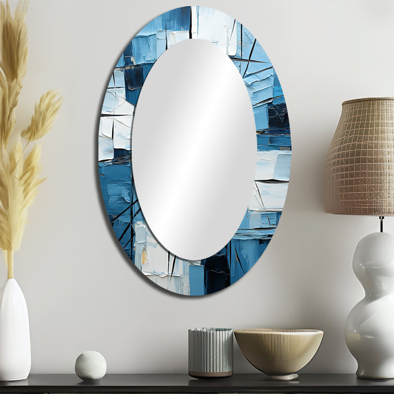 Cubism Blue And White Fight - Blue Modern Oval Wall Mirror, 36" x 24"