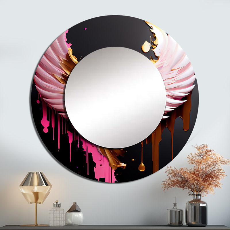«Shouta» rose, or et noir ange ailes I - ailes de miroir décoratif, miroir mural rond doré, impression d'art en métal