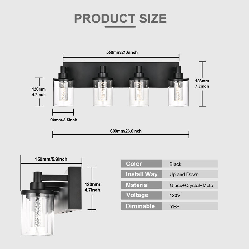 Vanity Light (4-Light), (3000K/3500K/4500K/5000K/6000K, Dimmable), Eye Protection LED Bathroom Light Fixture, Modern Wall Light Over Mirror With Clear Glass Shade