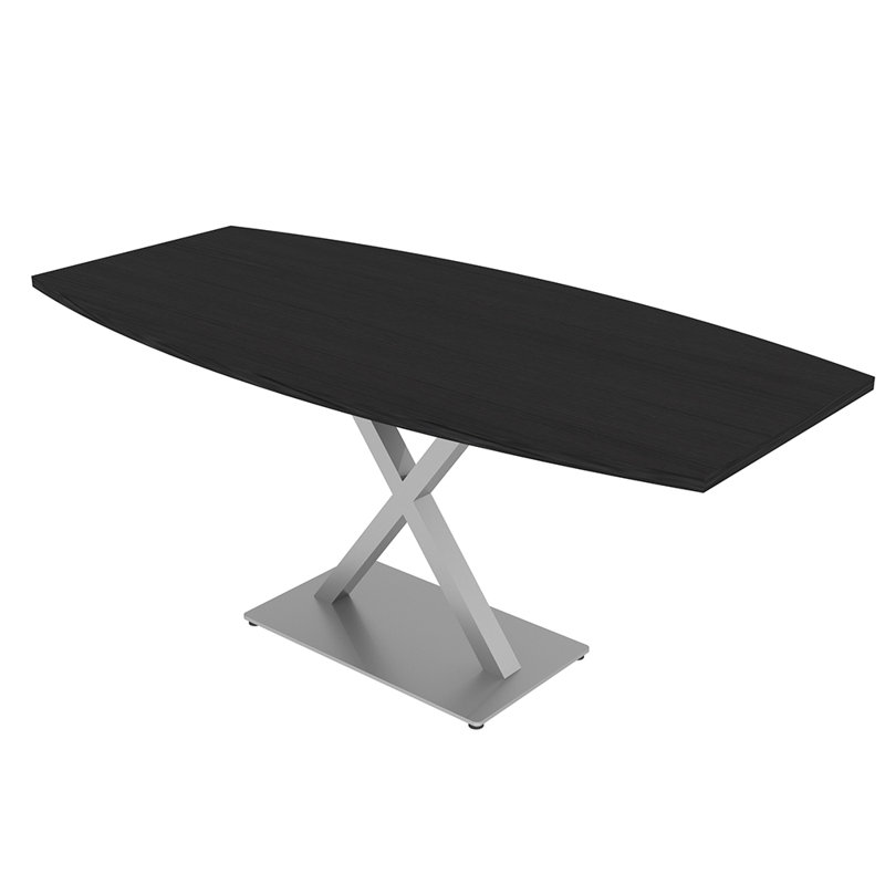 Table de conférence en forme de bateau avec base en X en métal, L 72 po x l 36 po, Cyprès noir, Argent argent