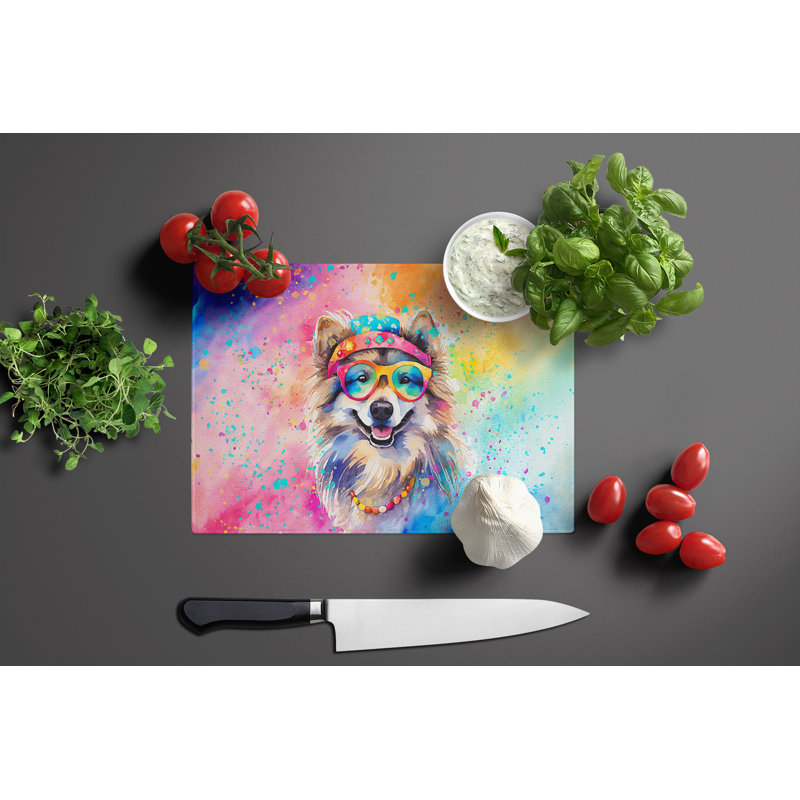 Keeshond Hippie Dawg Glass Cutting Board Large