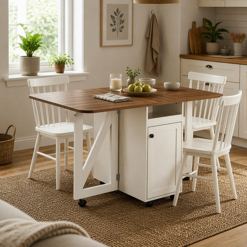 Table de salle à manger pliable, plateau de table à abattants extensible à deux côtés, système de rangement classifié multi-zones