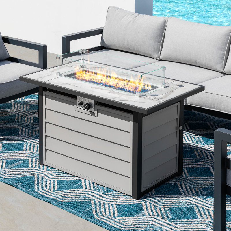 Table de foyer extérieur au propane de 109 cm avec dessus en verre texturé marbre