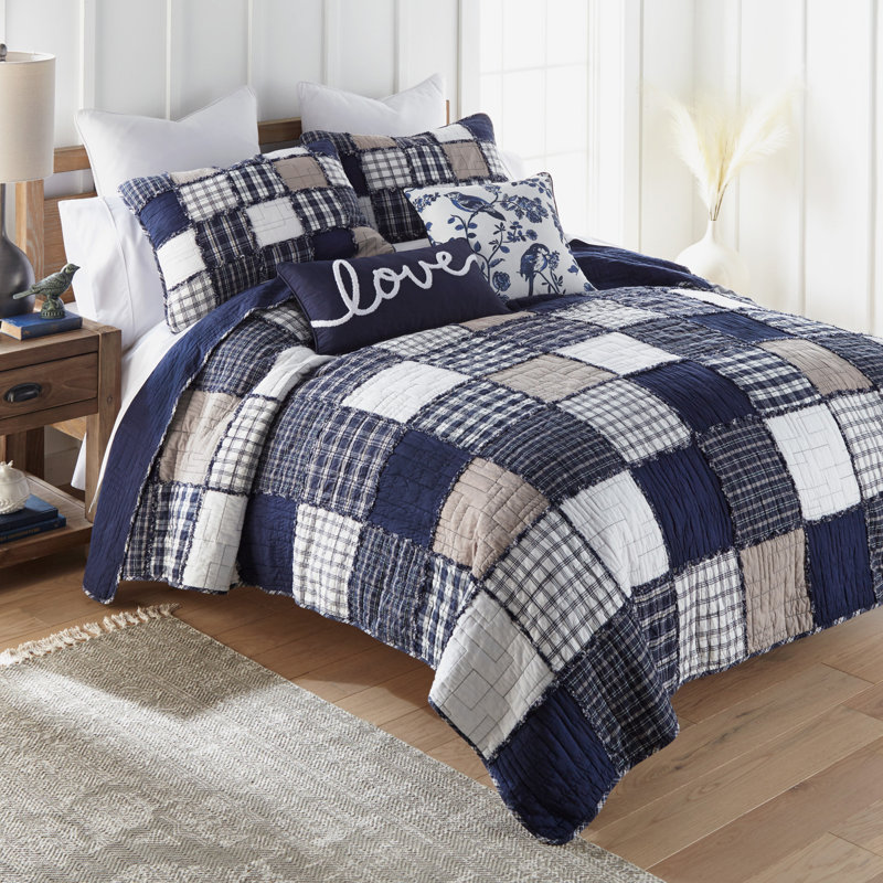 Checkerboard Indigo Cotton Quilted Patchwork Quilt Set, King Quilt + 2 King Sham