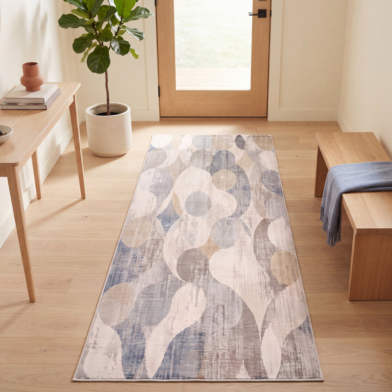 Tapis Magnolia Modern Circles géométrique bleu gris beige, lavable à la machine, antidérapant, à poils courts, pour l'intérieur et l'extérieur, adapté aux animaux domestiques, idéal pour le salon, la chambre, la salle à manger, l'entrée, le corridor ou le bureau.