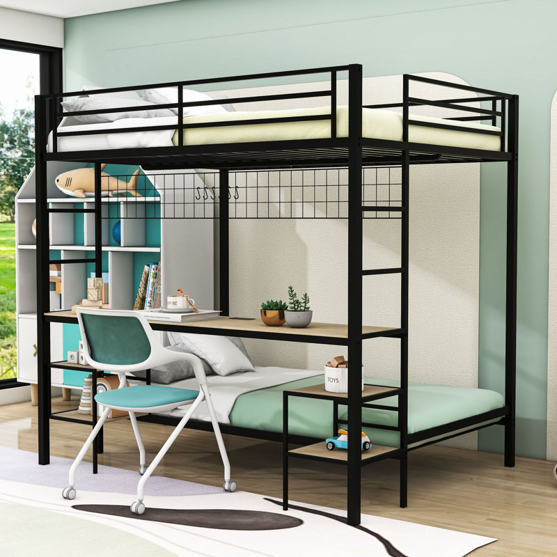 Full Over Twin Metal Bunk Bed With Desk And Charging Station And Shelves, Black/Nature Oak
