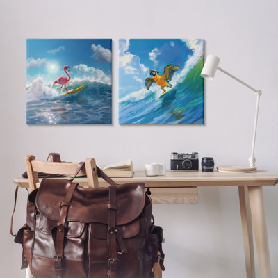  «Parrot & Flamingo Surf», ensemble de 2 toiles murales par Jim Baldwin