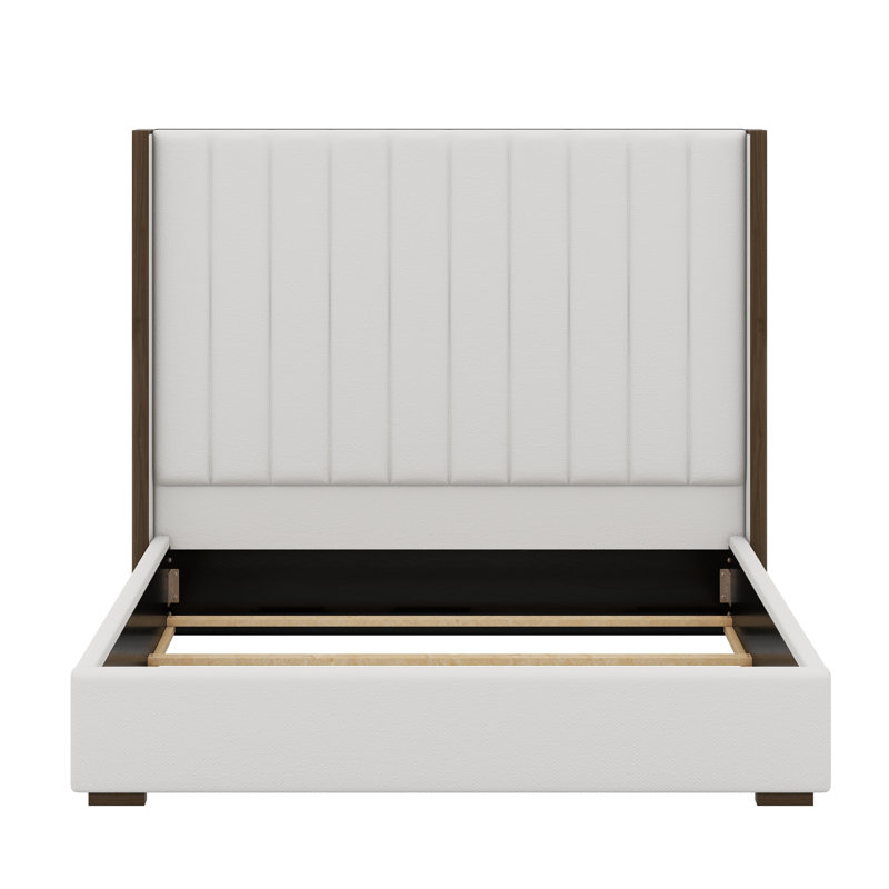 Tall Headboard Upholstered Bed With Vertical Striped And Wingback Design