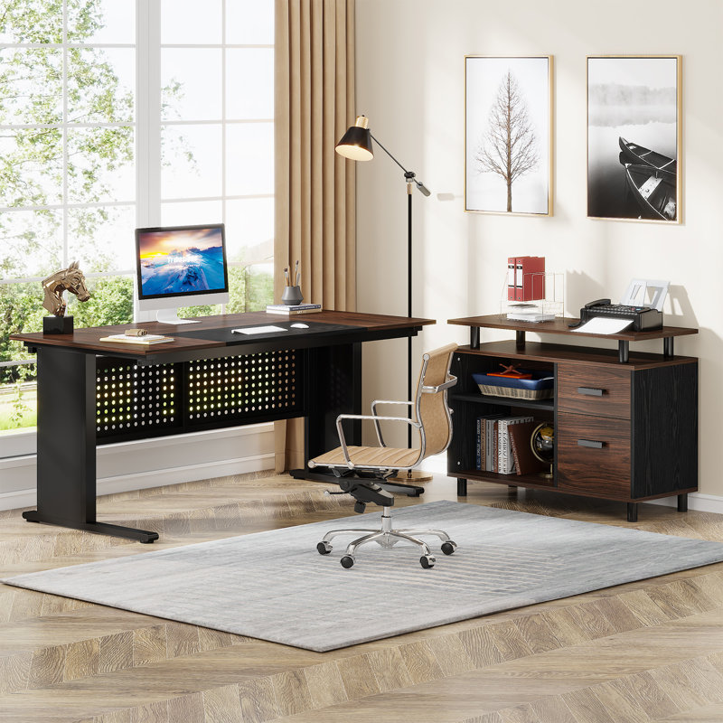 63'' W Executive Desk With File Cabinet For Home Office,L-Shaped Computer Desk Business Furniture Set Home Office Workstation