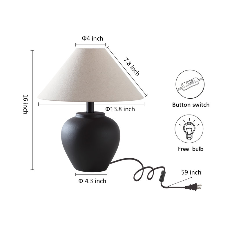 Rustic Black Ceramic Table Lamp With Linen Shade, Farmhouse Bedside Accent Lamp With Free LED Bulb, Cozy Nightstand Lamp For Living Room Bedroom Entryway