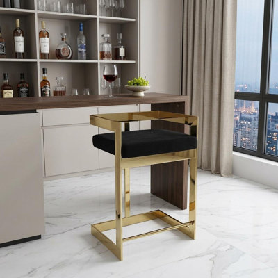 Chaise de bar 30 po en velours noir et doré et acier inoxydable