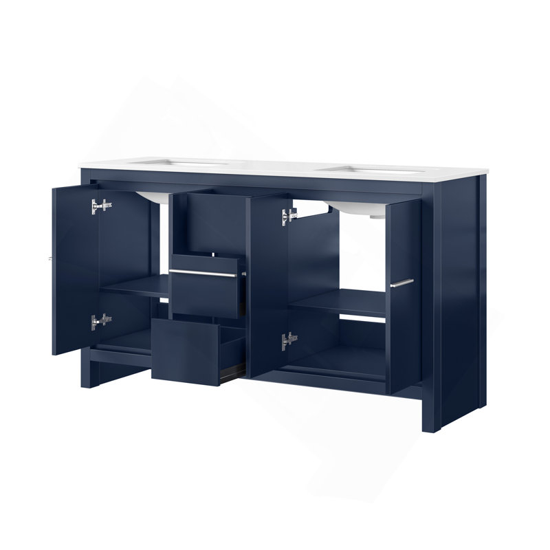 Ensemble de meuble-lavabo double 60 po X P 20 po D, avec plateau en quartz blanc, H 36,63 po x l 60 po x P 20,25 po, Marine