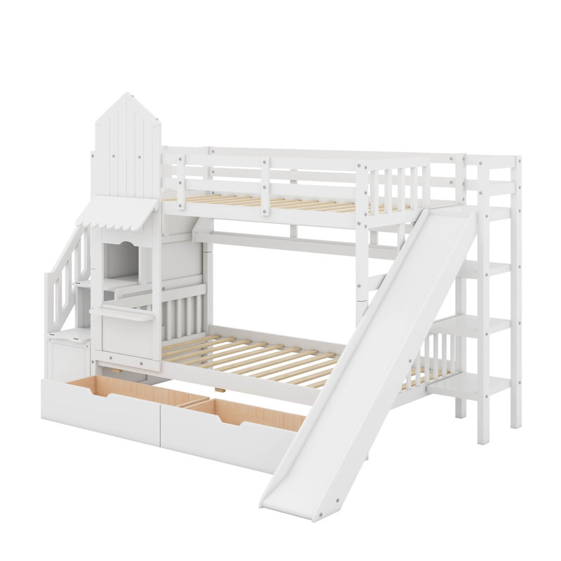 Twin Over Twin Castle Style Bunk Bed With Drawers，Shelves, White