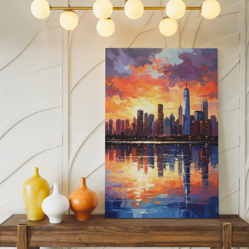 Toile sur toile, impressionnant coucher de soleil, paysage urbain, H 12 po x l 9 po