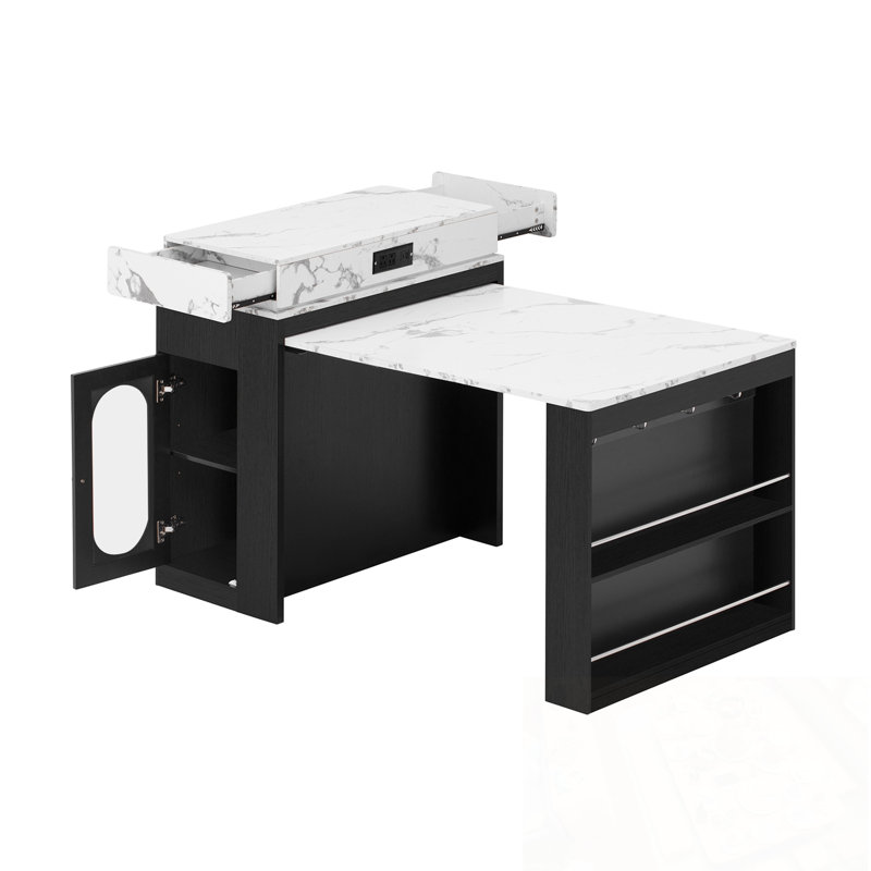 Kitchen Island with Drawers, Power Outlet, Wheels and Hooks, Black