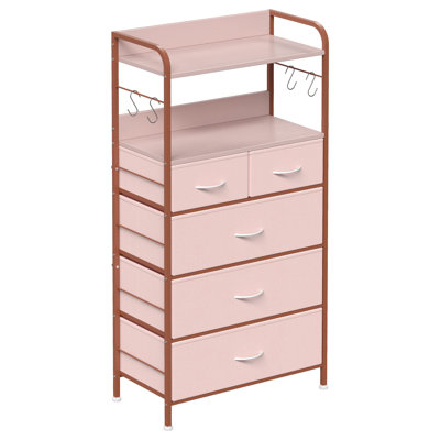 47.2'' Tall Dresser for Bedroom, Vertical Dresser with 5 Fabric Drawers and 2-Tier Open Shelves, Chest of Drawers with Hanging Racks for Living Room, Small Space, Pink
