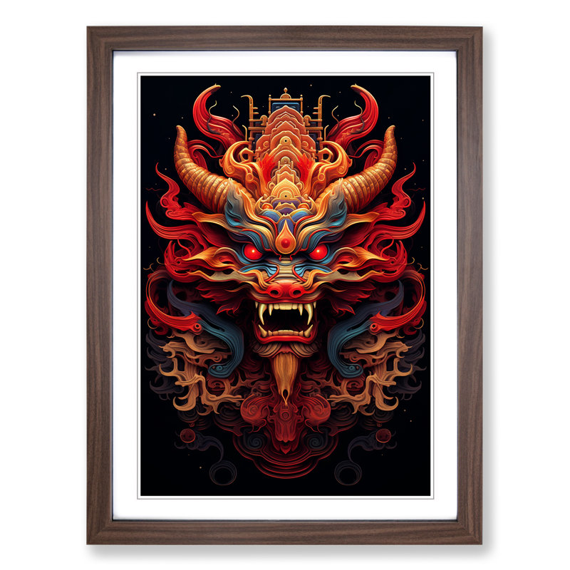 Chinese Dragon Geometric No.3 - Single Picture Frame Print on Wood, 34cm H x 25cm W x 2cm D, Walnut